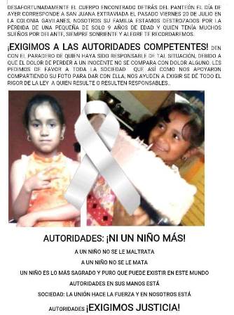 CONFIRMA FGJE HOMICIDIO DE MENOR DESAPARECIDA