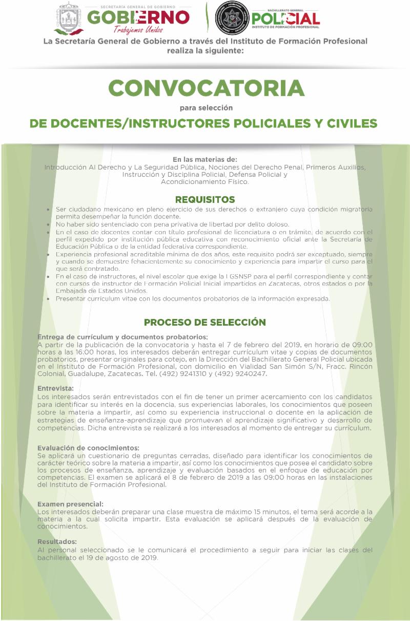 CIERRA JUEVES CONVOCATORIA PARA SELECCIÓN DE DOCENTES DEL NUEVO BACHILLERATO POLICIADEL ESTADO DE ZACATECAS