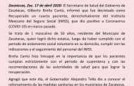 DECRETA SECTOR SALUD ESTATAL RECUPERADO AL CUARTO PACIENTE DE CORONAVIRUS EN ZACATECAS ﻿