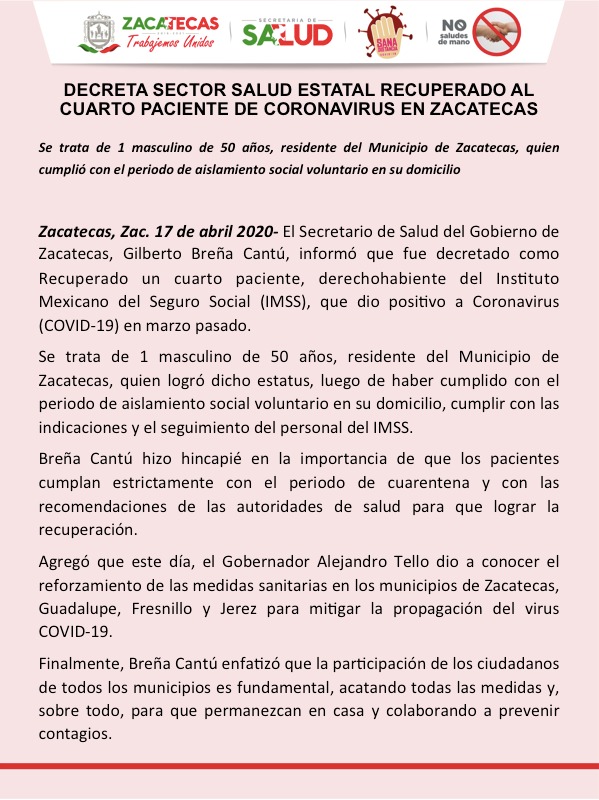 DECRETA SECTOR SALUD ESTATAL RECUPERADO AL CUARTO PACIENTE DE CORONAVIRUS EN ZACATECAS ﻿