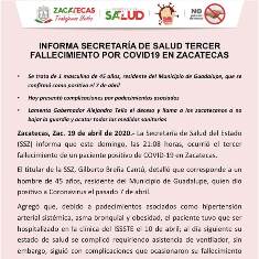 INFORMA SECRETARÍA DE SALUD TERCER FALLECIMIENTO POR COVID19 EN ZACATECAS