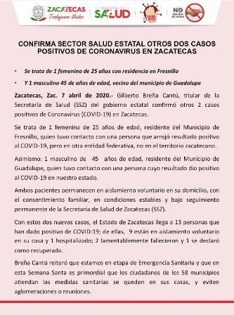 CONFIRMA SECTOR SALUD ESTATAL OTROS DOS CASOS POSITIVOS DE CORONAVIRUS EN ZACATECAS