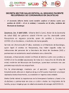 DECRETA SECTOR SALUD ESTATAL AL SEGUNDO PACIENTE RECUPERADO DE CORONAVIRUS EN ZACATECAS