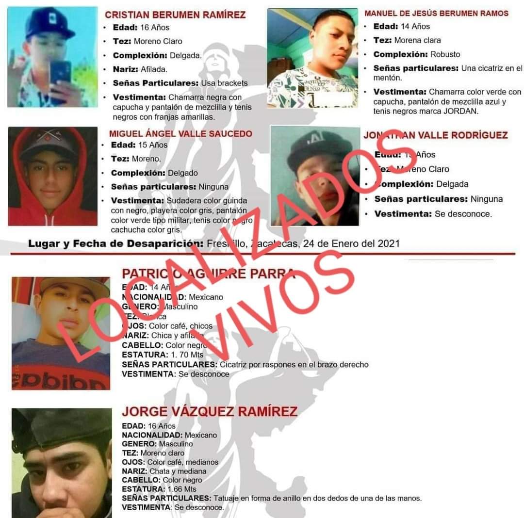 LOCALIZAN CON VIDA A JÓVENES REPORTADOS COMO DESAPARECIDOS EN FRESNILLO