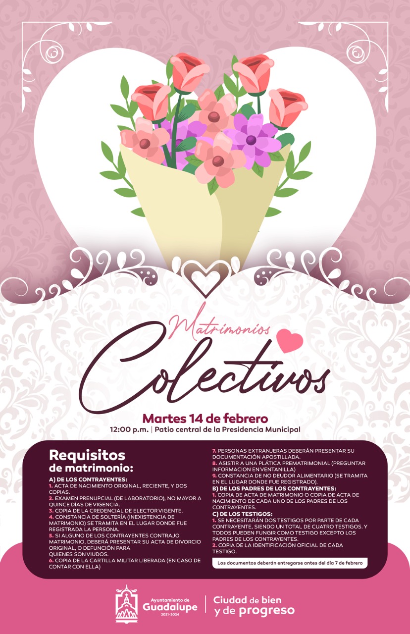 En el Municipio de Guadalupe Convocan a ceremonia colectiva de matrimonios